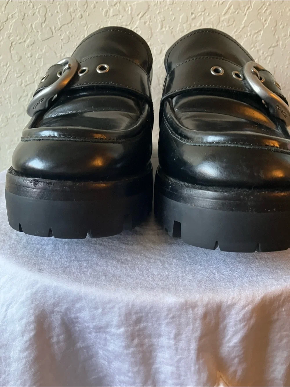 Coach: Black Grand (G2448) Leather Silver Tone Buckle Lug Loafer Slip-On Shoe- 9